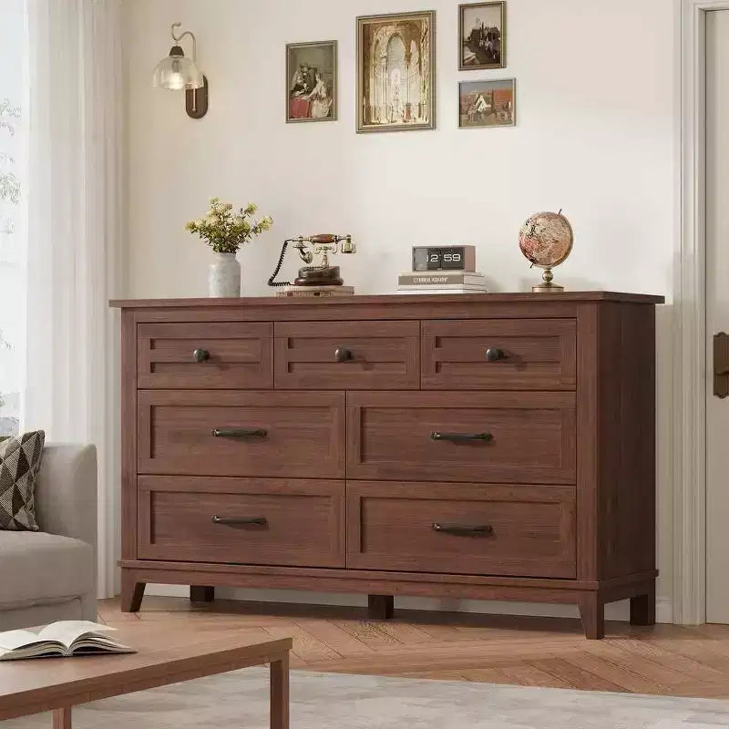 Cassettiera a 7 cassetti per camera da letto, comò rustico in legno con texture naturale, organizer per camera da letto e soggiorno