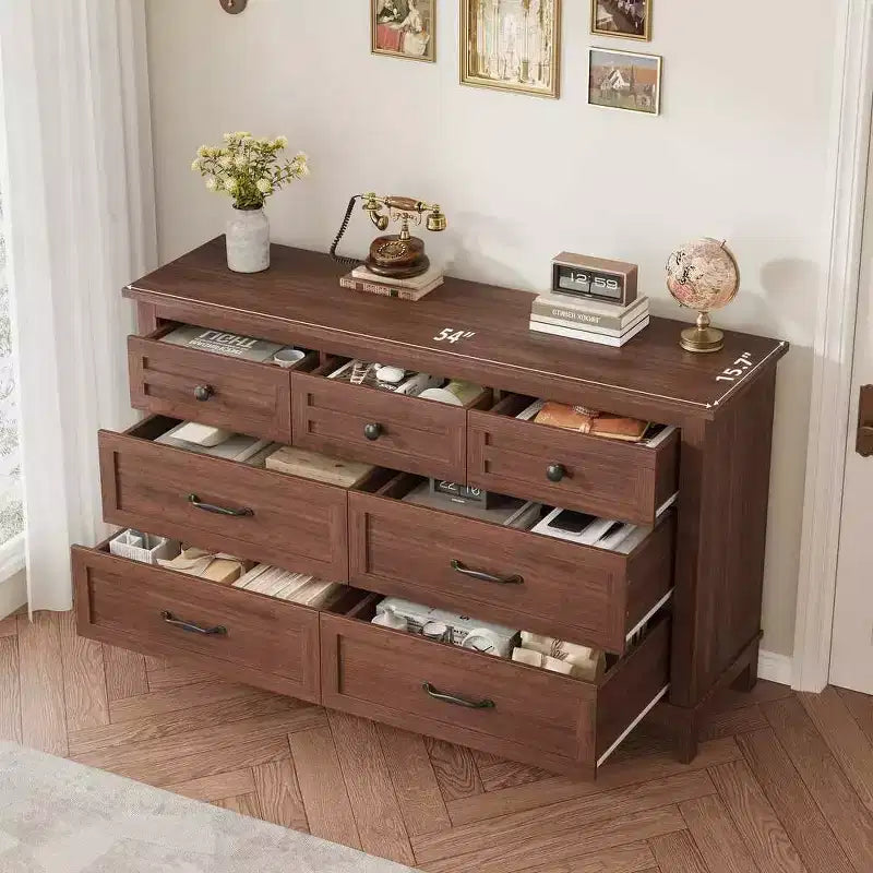 Cassettiera a 7 cassetti per camera da letto, comò rustico in legno con texture naturale, organizer per camera da letto e soggiorno