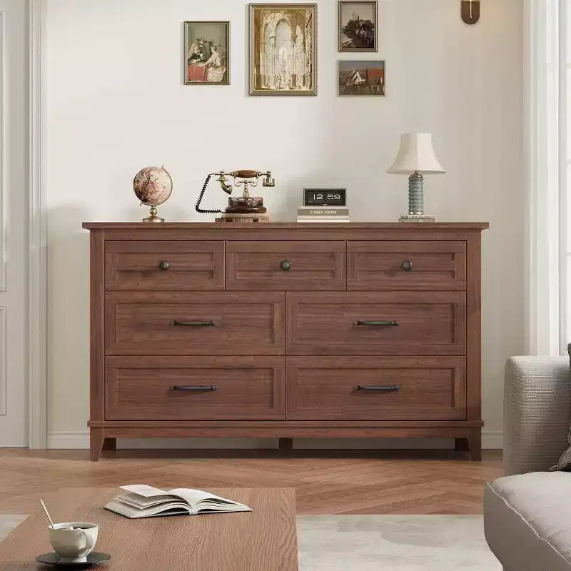 Cassettiera a 7 cassetti per camera da letto, comò rustico in legno con texture naturale, organizer per camera da letto e soggiorno