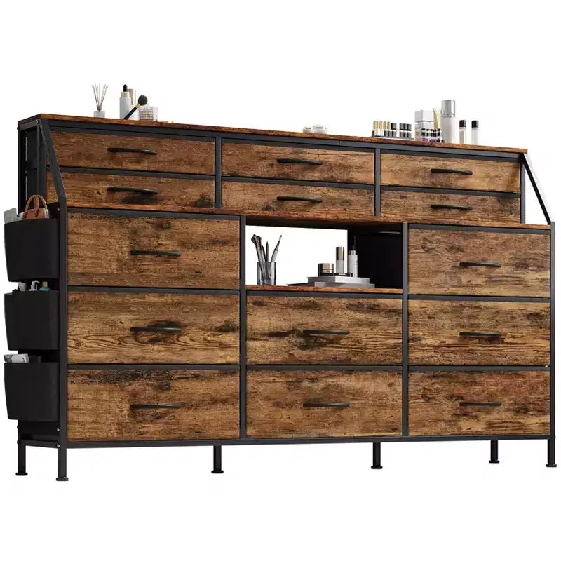 Cassettiera per Camera da Letto con 14 Cassetti, Cassettiera da 55" L con Tasca Laterale, Comò in Tessuto con Ripiani, Struttura Robusta, Piano in Legno