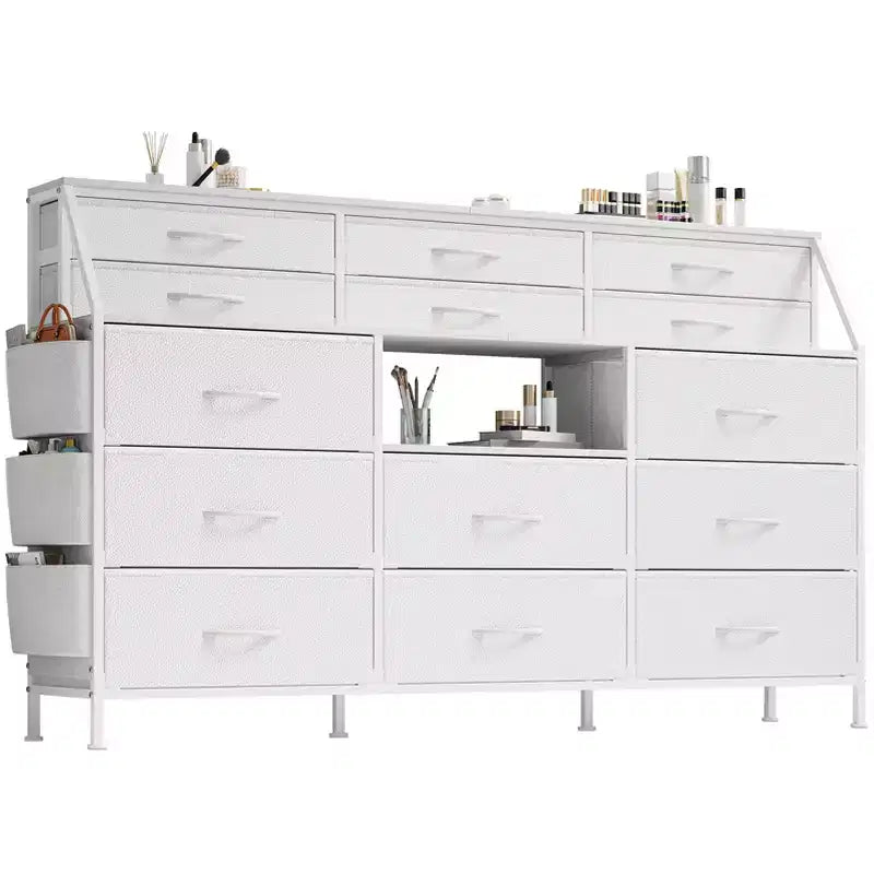 Cassettiera per Camera da Letto con 14 Cassetti, Cassettiera da 55" L con Tasca Laterale, Comò in Tessuto con Ripiani, Struttura Robusta, Piano in Legno