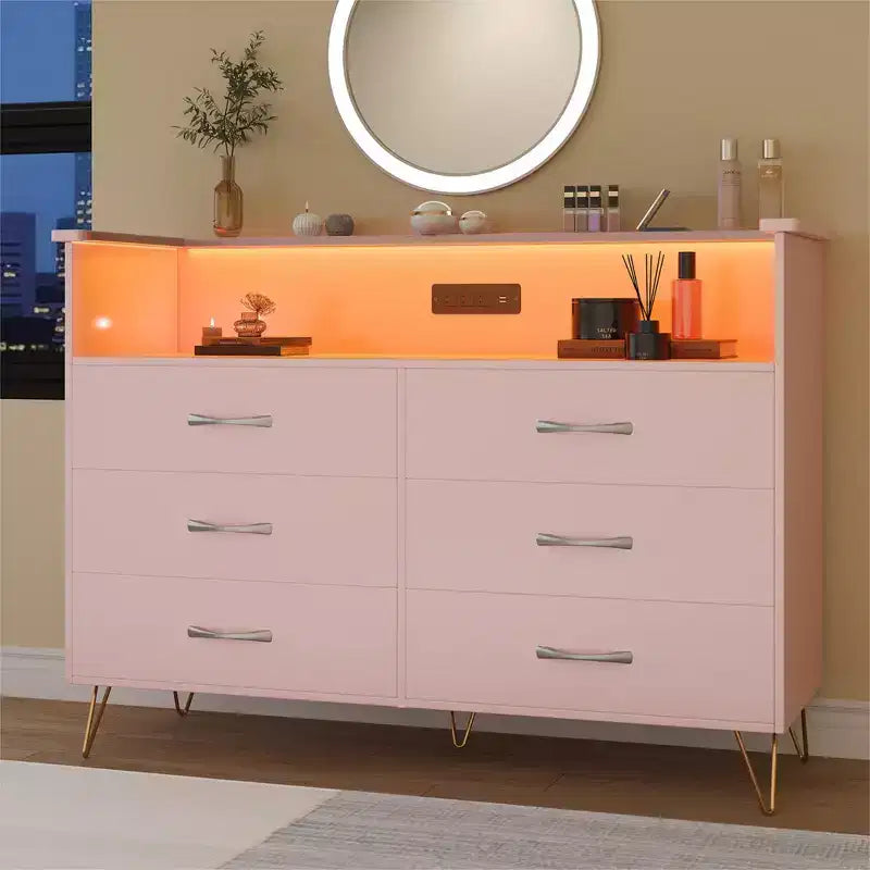 Comò per camera da letto con luci a LED, cassettiera a 6 cassetti con stazione di ricarica, mobile contenitore in legno per ingresso