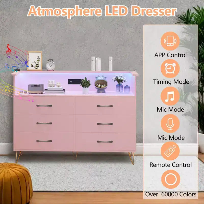 Comò per camera da letto con luci a LED, cassettiera a 6 cassetti con stazione di ricarica, mobile contenitore in legno per ingresso