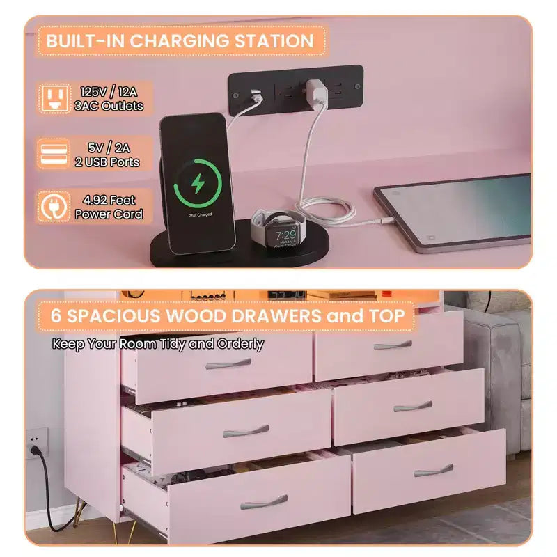 Comò per camera da letto con luci a LED, cassettiera a 6 cassetti con stazione di ricarica, mobile contenitore in legno per ingresso