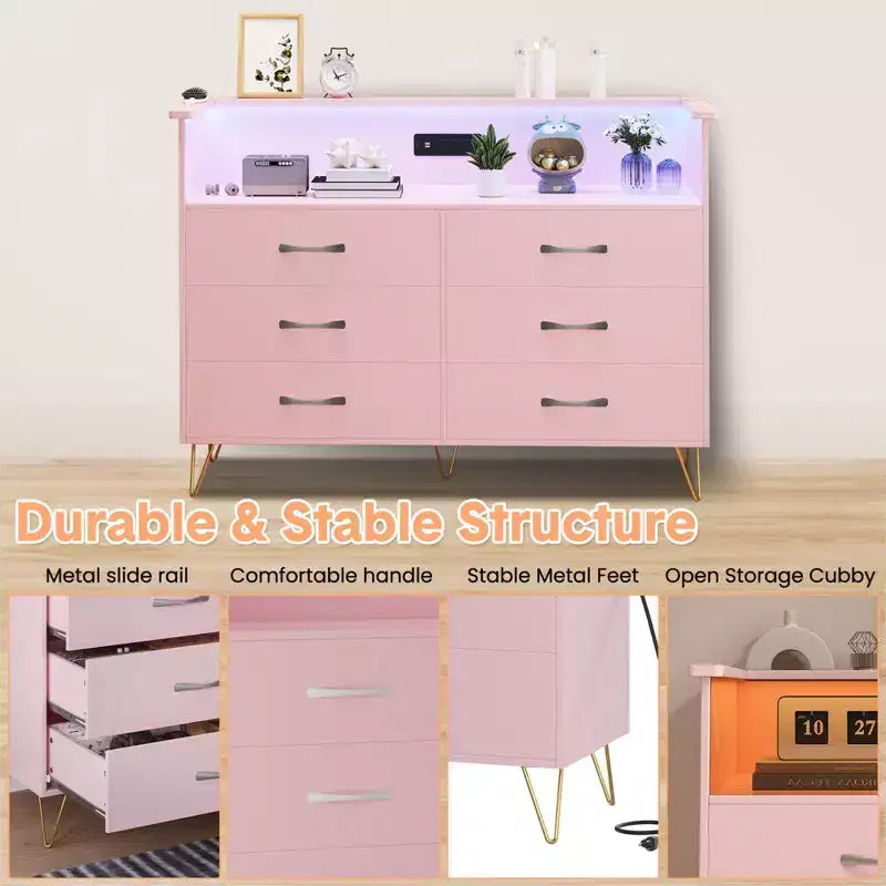 Comò per camera da letto con luci a LED, cassettiera a 6 cassetti con stazione di ricarica, mobile contenitore in legno per ingresso