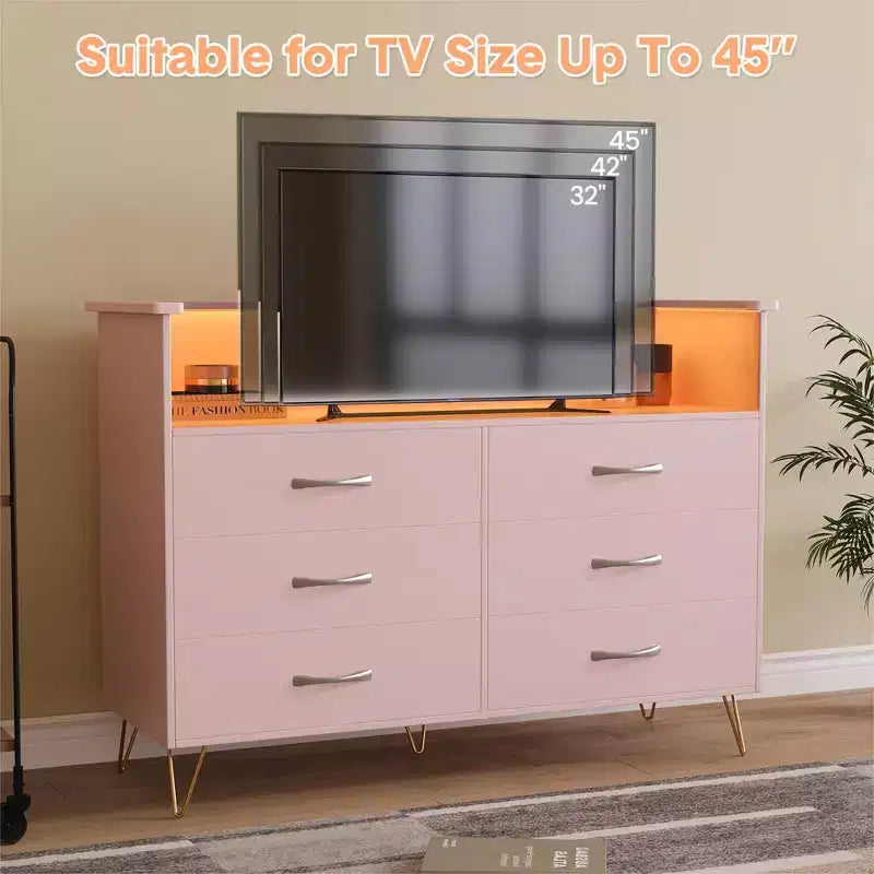 Comò per camera da letto con luci a LED, cassettiera a 6 cassetti con stazione di ricarica, mobile contenitore in legno per ingresso