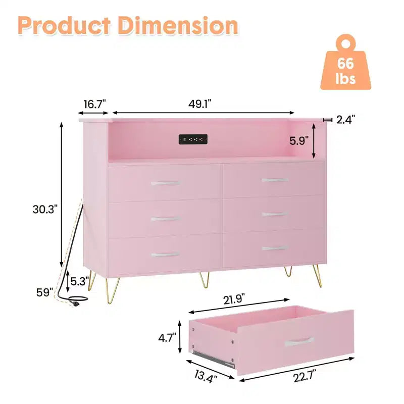 Comò per camera da letto con luci a LED, cassettiera a 6 cassetti con stazione di ricarica, mobile contenitore in legno per ingresso
