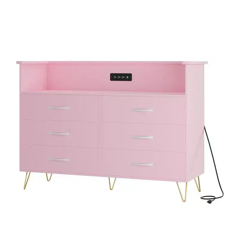 Comò per camera da letto con luci a LED, cassettiera a 6 cassetti con stazione di ricarica, mobile contenitore in legno per ingresso
