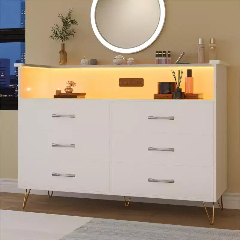 Comò per camera da letto con luci a LED, cassettiera a 6 cassetti con stazione di ricarica, mobile contenitore in legno per ingresso