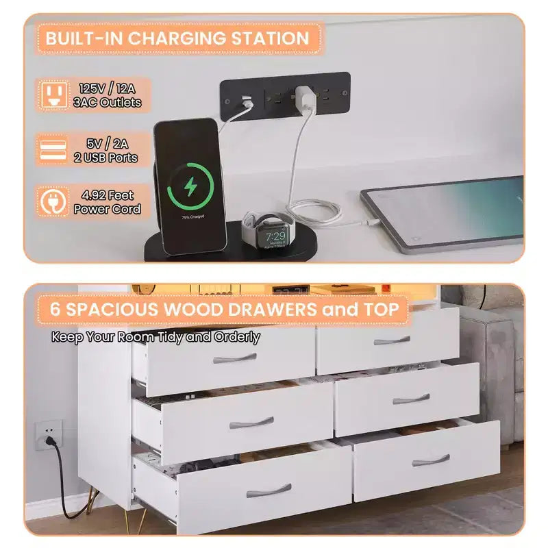 Comò per camera da letto con luci a LED, cassettiera a 6 cassetti con stazione di ricarica, mobile contenitore in legno per ingresso
