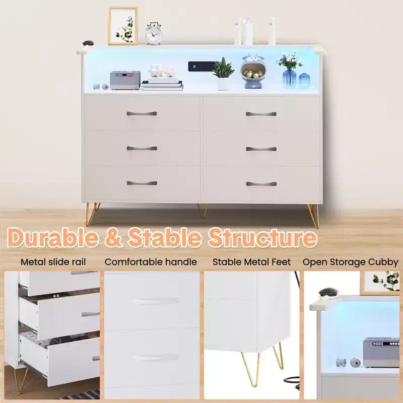 Comò per camera da letto con luci a LED, cassettiera a 6 cassetti con stazione di ricarica, mobile contenitore in legno per ingresso