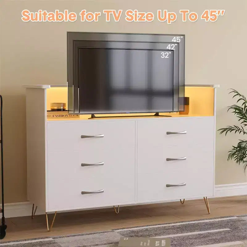 Comò per camera da letto con luci a LED, cassettiera a 6 cassetti con stazione di ricarica, mobile contenitore in legno per ingresso