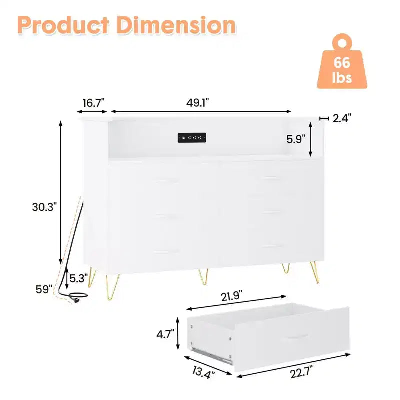 Comò per camera da letto con luci a LED, cassettiera a 6 cassetti con stazione di ricarica, mobile contenitore in legno per ingresso
