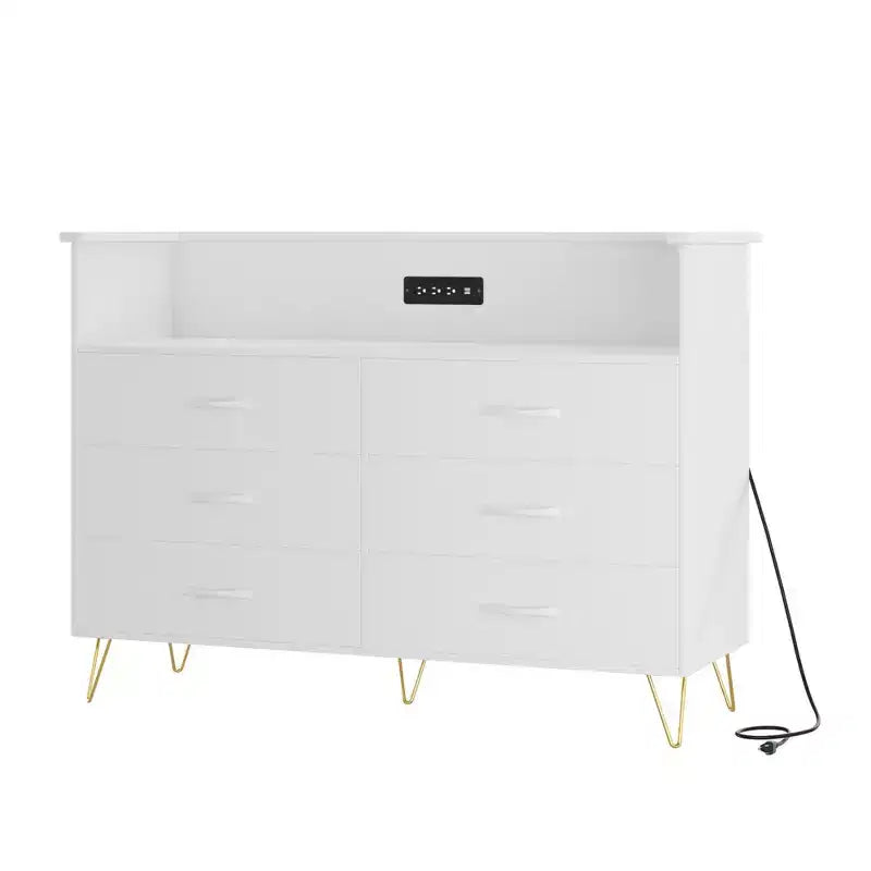 Comò per camera da letto con luci a LED, cassettiera a 6 cassetti con stazione di ricarica, mobile contenitore in legno per ingresso