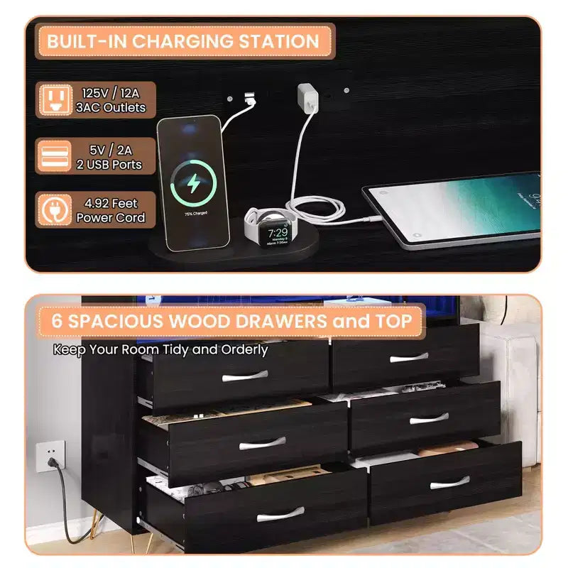 Comò per camera da letto con luci a LED, cassettiera a 6 cassetti con stazione di ricarica, mobile contenitore in legno per ingresso