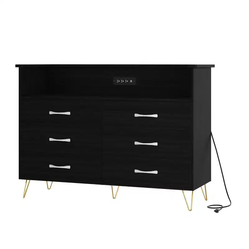 Comò per camera da letto con luci a LED, cassettiera a 6 cassetti con stazione di ricarica, mobile contenitore in legno per ingresso