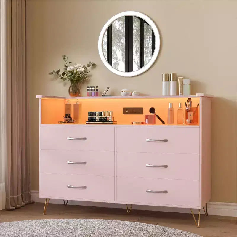 Comò per camera da letto con luci a LED, cassettiera a 6 cassetti con stazione di ricarica, mobile contenitore in legno per ingresso