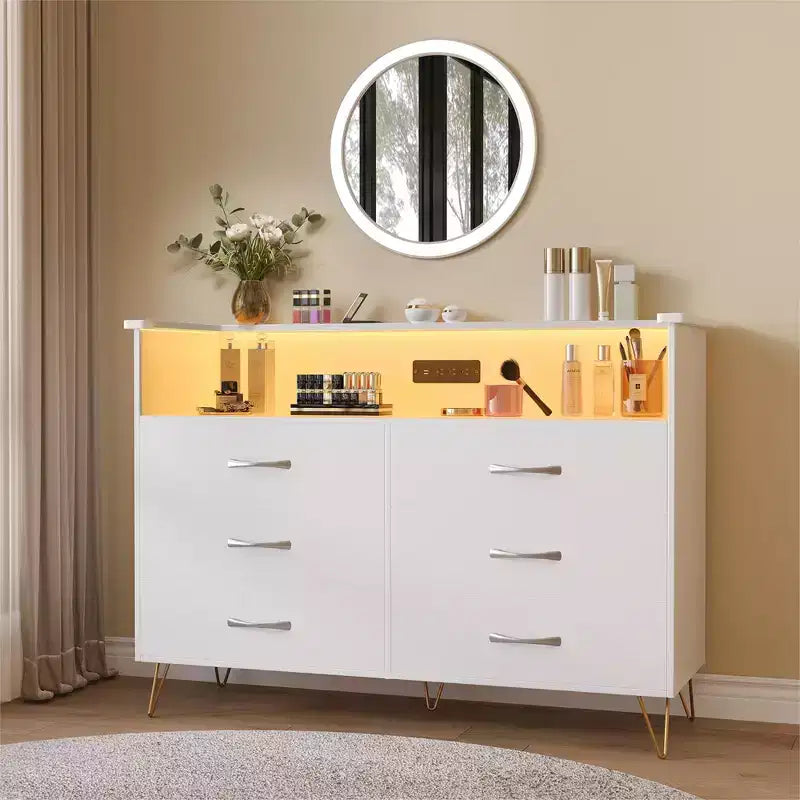 Comò per camera da letto con luci a LED, cassettiera a 6 cassetti con stazione di ricarica, mobile contenitore in legno per ingresso