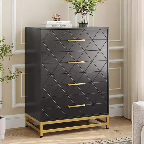 4 Drawer Dressers, Wood Dresser w/Golden Handles, Storage Chest Cabinet Organizer Unit, Chest of Drawers for Living Room, Closet, Hallway
