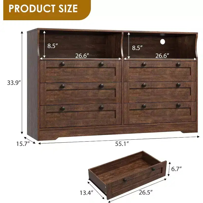 Cassettiera a 6 cassetti con LED e ciabatta elettrica, Comò e cassettiere con armadietto contenitore per camera da letto, Mobile TV in legno largo 55 cm