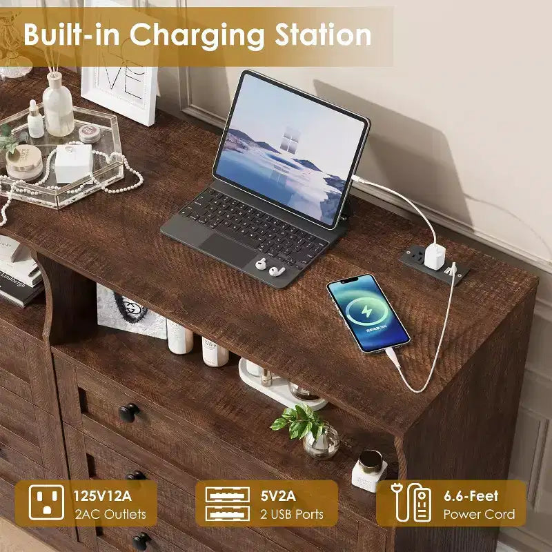 Cassettiera a 6 cassetti con LED e ciabatta elettrica, Comò e cassettiere con armadietto contenitore per camera da letto, Mobile TV in legno largo 55 cm