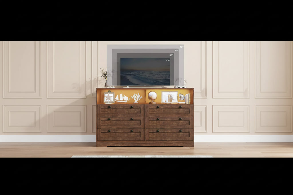 Cassettiera a 6 cassetti con LED e ciabatta elettrica, Comò e cassettiere con armadietto contenitore per camera da letto, Mobile TV in legno largo 55 cm