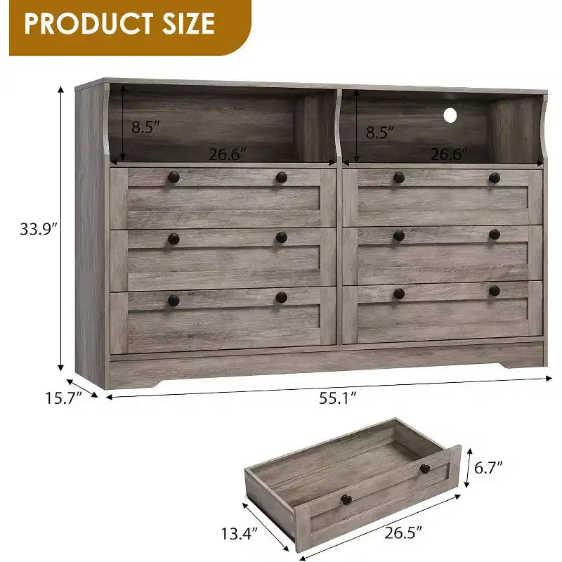 Cassettiera a 6 cassetti con LED e ciabatta elettrica, Comò e cassettiere con armadietto contenitore per camera da letto, Mobile TV in legno largo 55 cm