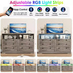 Cassettiera a 6 cassetti con LED e ciabatta elettrica, Comò e cassettiere con armadietto contenitore per camera da letto, Mobile TV in legno largo 55 cm