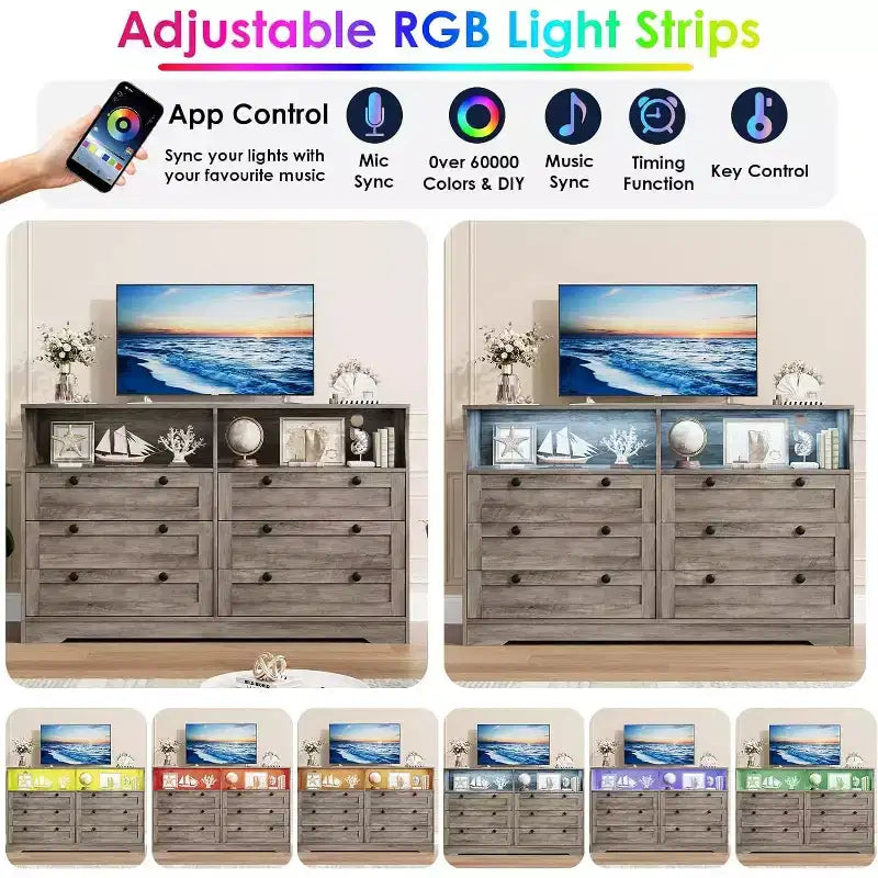 Cassettiera a 6 cassetti con LED e ciabatta elettrica, Comò e cassettiere con armadietto contenitore per camera da letto, Mobile TV in legno largo 55 cm