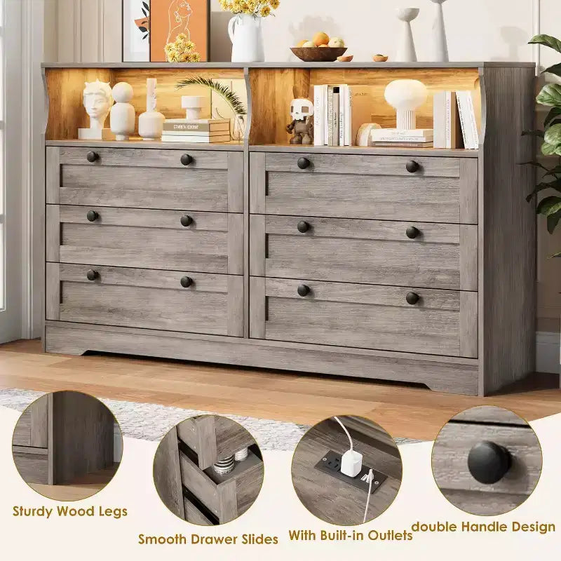 Cassettiera a 6 cassetti con LED e ciabatta elettrica, Comò e cassettiere con armadietto contenitore per camera da letto, Mobile TV in legno largo 55 cm