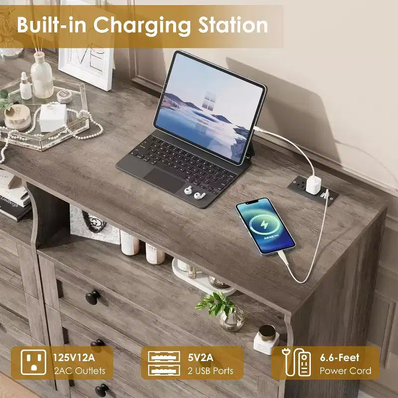 Cassettiera a 6 cassetti con LED e ciabatta elettrica, Comò e cassettiere con armadietto contenitore per camera da letto, Mobile TV in legno largo 55 cm