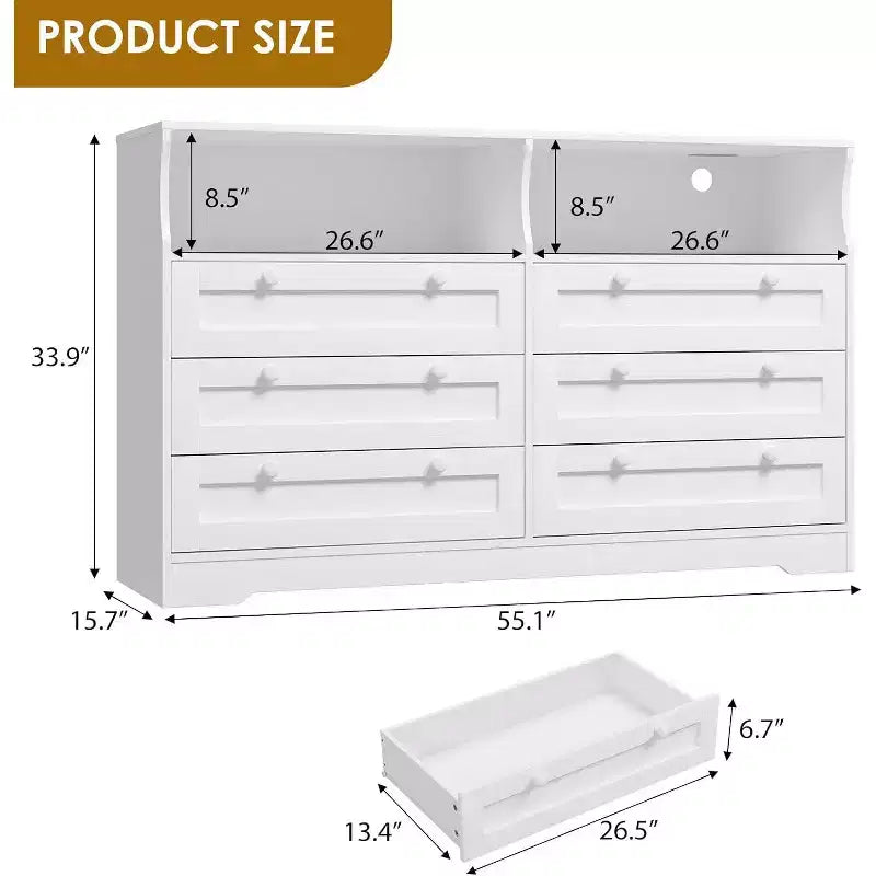 Cassettiera a 6 cassetti con LED e ciabatta elettrica, Comò e cassettiere con armadietto contenitore per camera da letto, Mobile TV in legno largo 55 cm