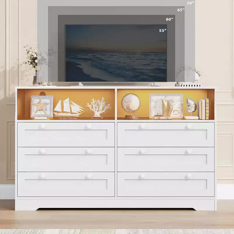 Cassettiera a 6 cassetti con LED e ciabatta elettrica, Comò e cassettiere con armadietto contenitore per camera da letto, Mobile TV in legno largo 55 cm
