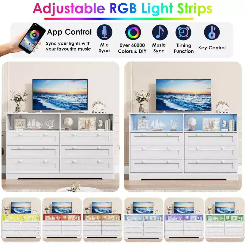 Cassettiera a 6 cassetti con LED e ciabatta elettrica, Comò e cassettiere con armadietto contenitore per camera da letto, Mobile TV in legno largo 55 cm