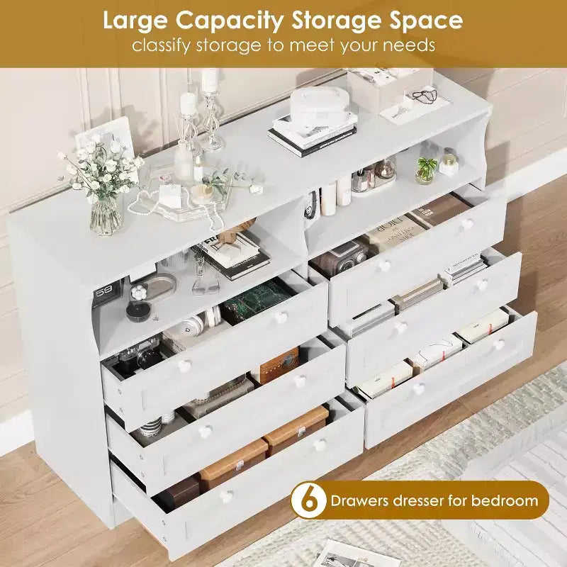 Cassettiera a 6 cassetti con LED e ciabatta elettrica, Comò e cassettiere con armadietto contenitore per camera da letto, Mobile TV in legno largo 55 cm