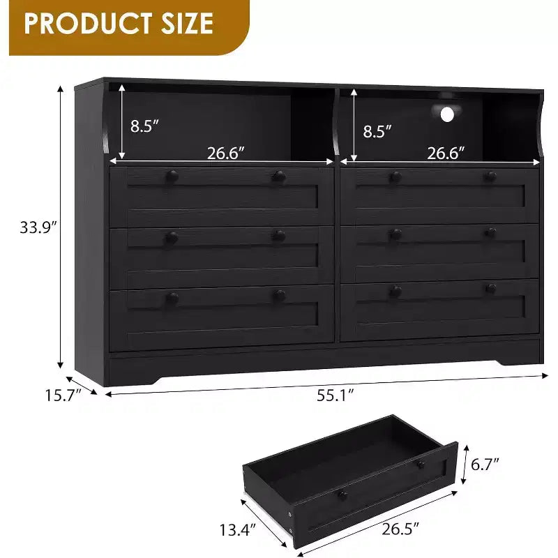 Cassettiera a 6 cassetti con LED e ciabatta elettrica, Comò e cassettiere con armadietto contenitore per camera da letto, Mobile TV in legno largo 55 cm