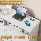 Cassettiera a 6 cassetti con LED e ciabatta elettrica, Comò e cassettiere con armadietto contenitore per camera da letto, Mobile TV in legno largo 55 cm