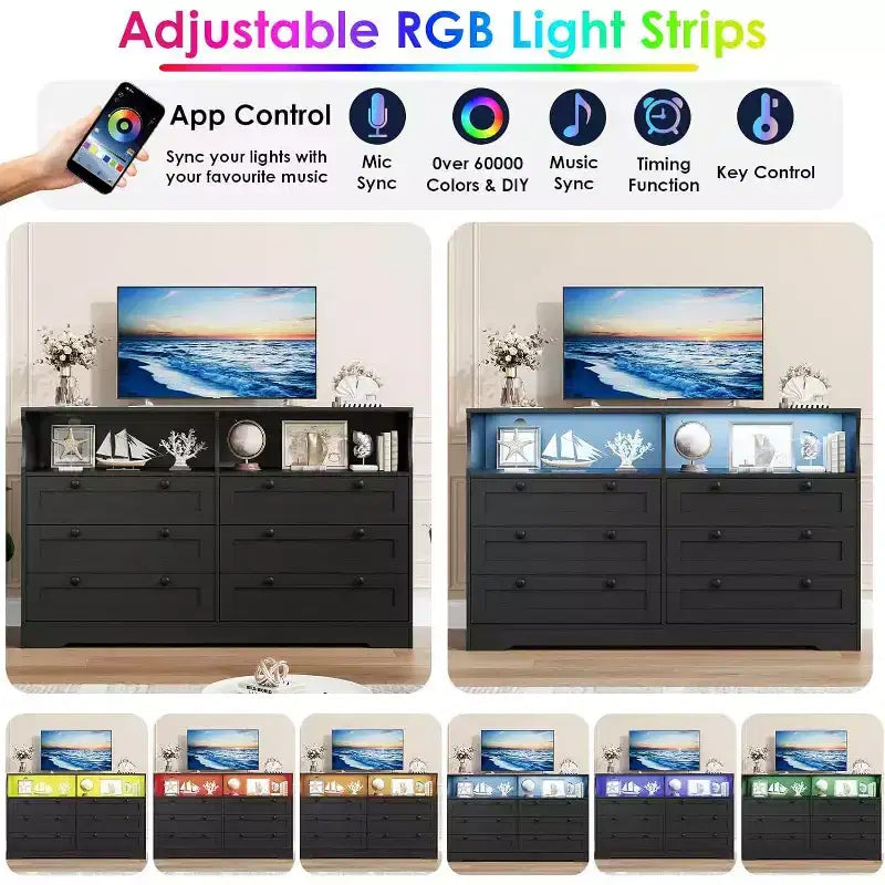 Cassettiera a 6 cassetti con LED e ciabatta elettrica, Comò e cassettiere con armadietto contenitore per camera da letto, Mobile TV in legno largo 55 cm