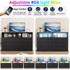 Cassettiera a 6 cassetti con LED e ciabatta elettrica, Comò e cassettiere con armadietto contenitore per camera da letto, Mobile TV in legno largo 55 cm