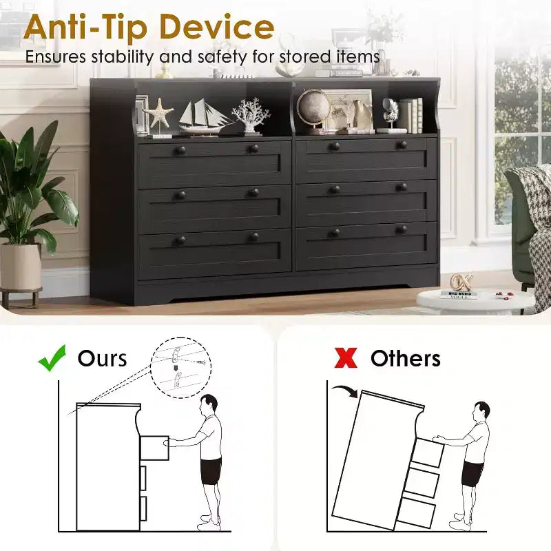 Cassettiera a 6 cassetti con LED e ciabatta elettrica, Comò e cassettiere con armadietto contenitore per camera da letto, Mobile TV in legno largo 55 cm