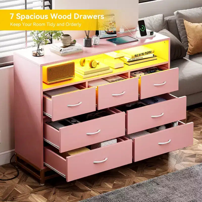 Cassettiera per Camera da Letto con Luci LED, Cassettiera a 7 Cassetti con Stazione di Ricarica, Cassettiera in Legno per Ingresso, Armadio, Soggiorno, Corridoio