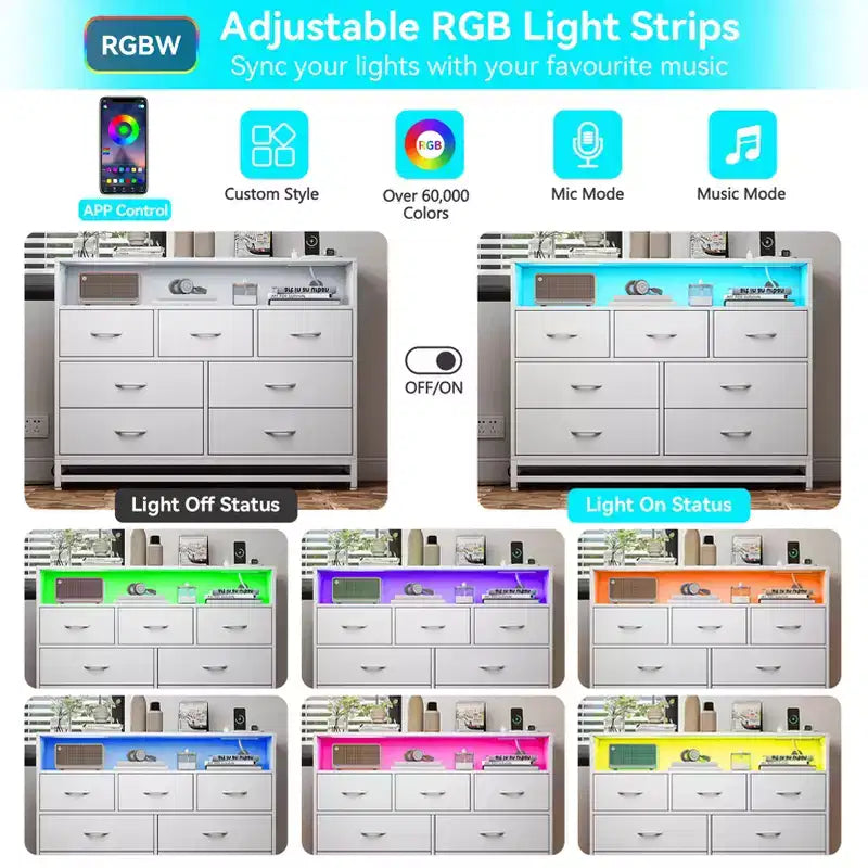 Cassettiera per Camera da Letto con Luci LED, Cassettiera a 7 Cassetti con Stazione di Ricarica, Cassettiera in Legno per Ingresso, Armadio, Soggiorno, Corridoio