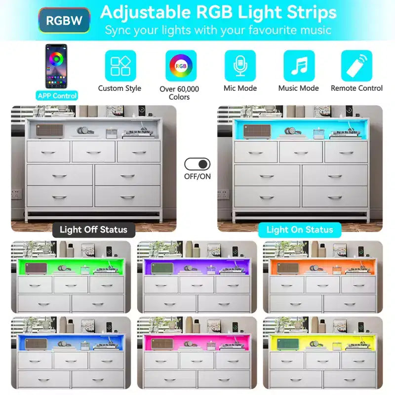 Cassettiera per Camera da Letto con Luci LED, Cassettiera a 7 Cassetti con Stazione di Ricarica, Cassettiera in Legno per Ingresso, Armadio, Soggiorno, Corridoio