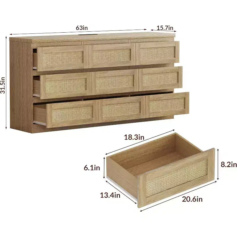 Comò a 9 cassetti per camera da letto, Comò lungo 160 cm e cassettiera in rattan, Stile Boho, Comò moderno per soggiorno, ingresso, camera da letto