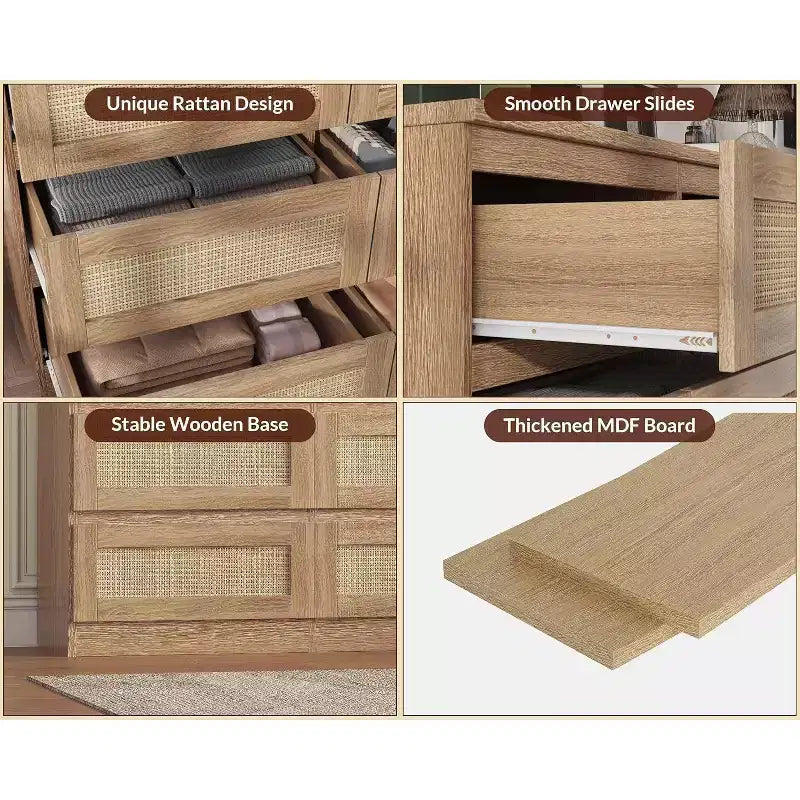 Comò a 9 cassetti per camera da letto, Comò lungo 160 cm e cassettiera in rattan, Stile Boho, Comò moderno per soggiorno, ingresso, camera da letto