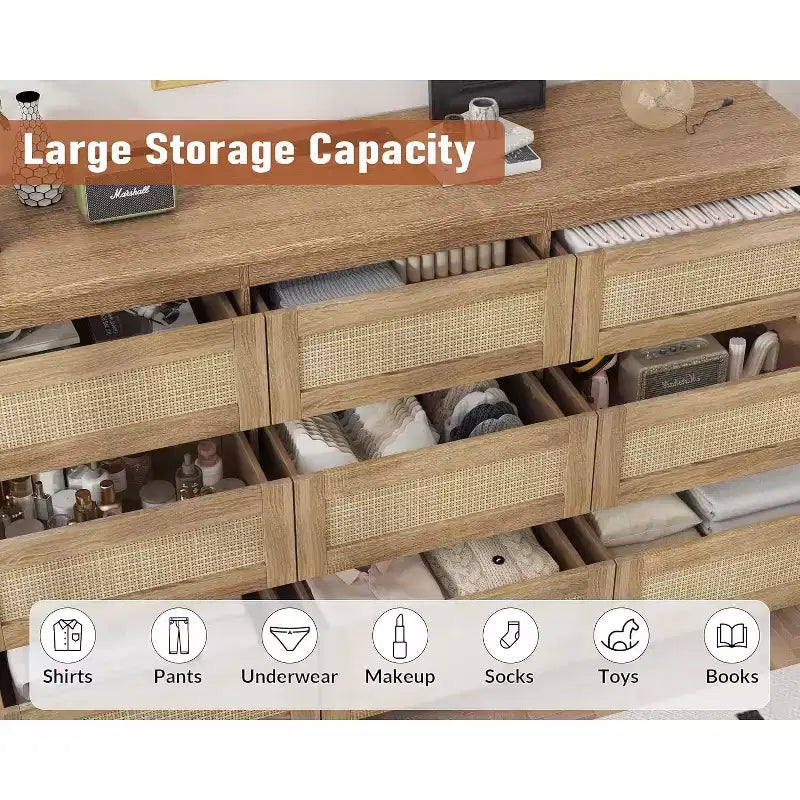 Comò a 9 cassetti per camera da letto, Comò lungo 160 cm e cassettiera in rattan, Stile Boho, Comò moderno per soggiorno, ingresso, camera da letto