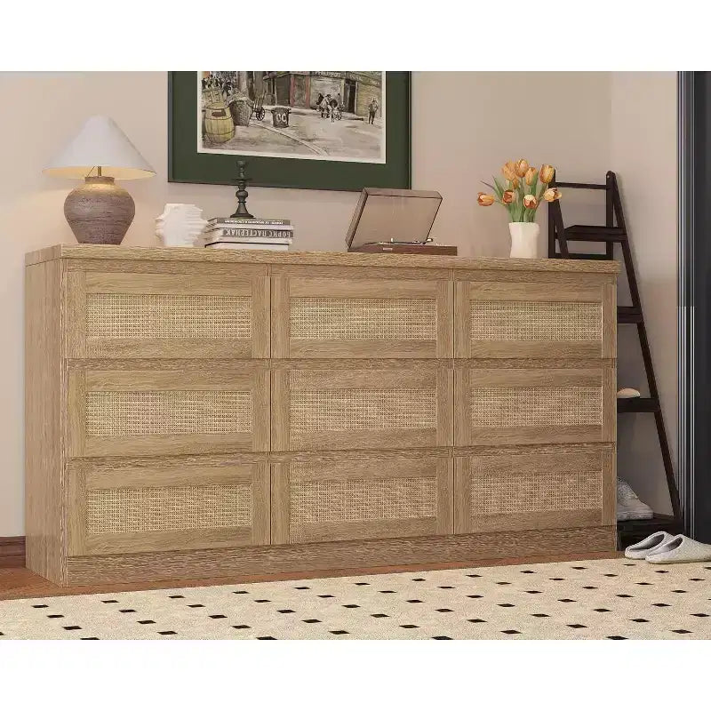 Comò a 9 cassetti per camera da letto, Comò lungo 160 cm e cassettiera in rattan, Stile Boho, Comò moderno per soggiorno, ingresso, camera da letto