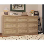 Comò a 9 cassetti per camera da letto, Comò lungo 160 cm e cassettiera in rattan, Stile Boho, Comò moderno per soggiorno, ingresso, camera da letto