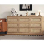 Comò a 9 cassetti per camera da letto, Comò lungo 160 cm e cassettiera in rattan, Stile Boho, Comò moderno per soggiorno, ingresso, camera da letto