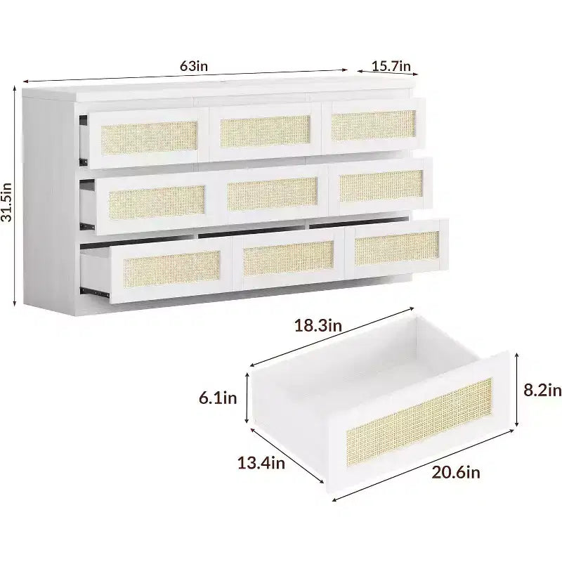 Comò a 9 cassetti per camera da letto, Comò lungo 160 cm e cassettiera in rattan, Stile Boho, Comò moderno per soggiorno, ingresso, camera da letto